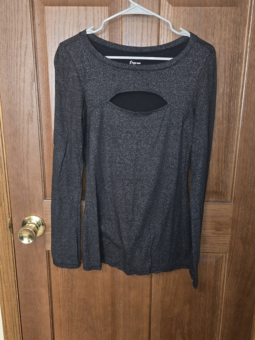 Express Sexy Basic Tee Black Shimmer Cutout Long Sleeve Top Medium